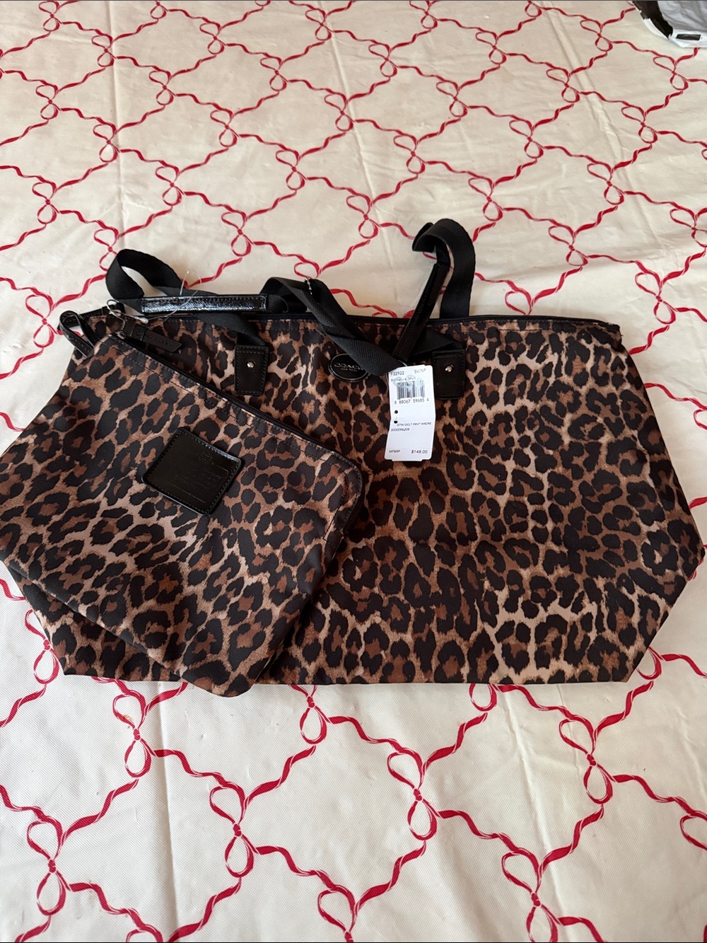 NWT Coach Leopard Print Tote and Pouch - Brown/Black